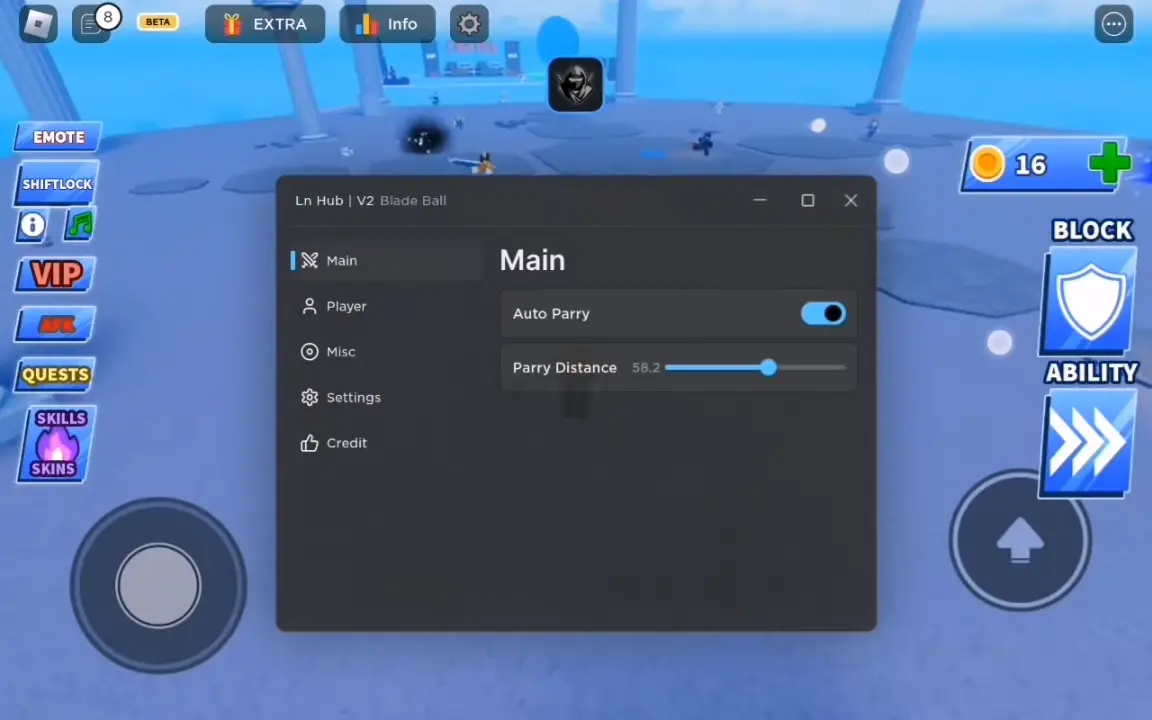 Omg Hub Script GUI inside Blade Ball with auto-parry settings