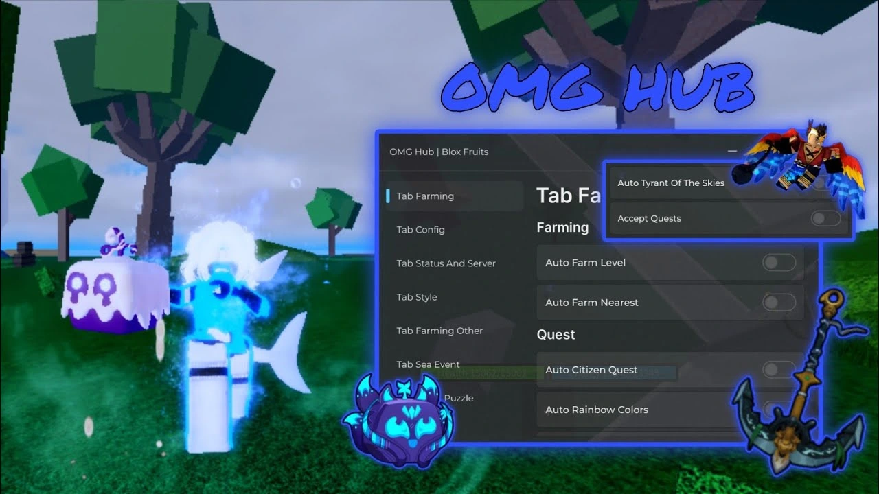 Omg Hub Script GUI inside Blox Fruits showing auto-farm toggles