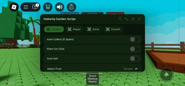Omg Hub Script GUI inside Grow a Garden plant manager