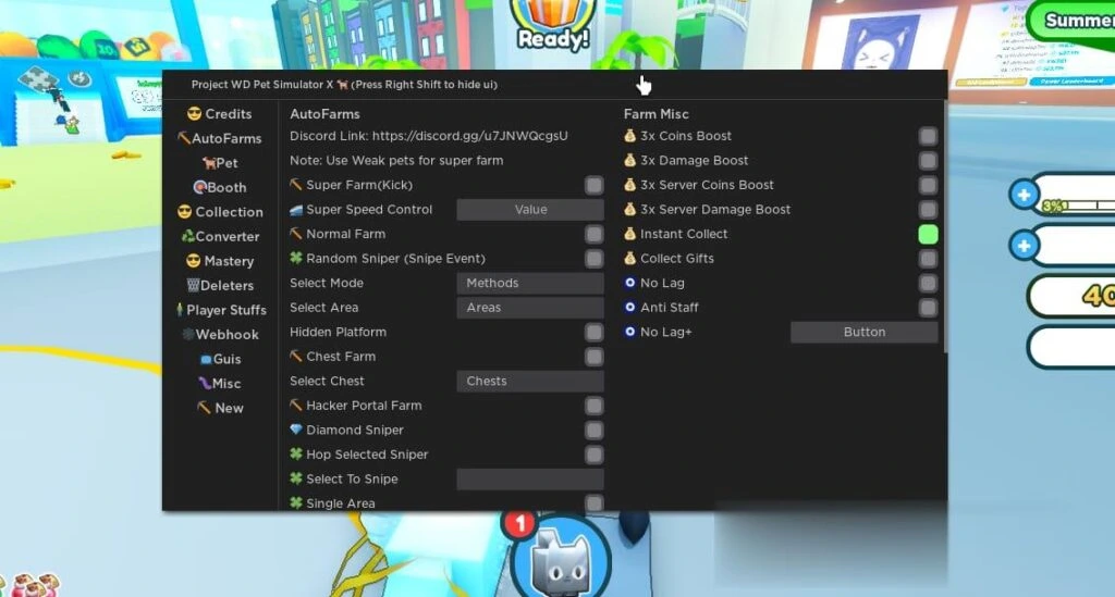 Omg Hub Script GUI inside Pet Simulator 99 farming diamonds